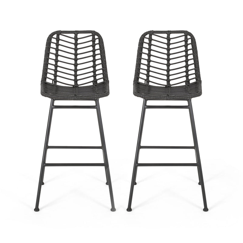 Noble House Sawtelle outdoor wicker barstools set of 2 with woven rattan seats and sturdy metal frames for patio seating.