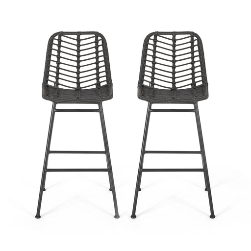 Noble House Sawtelle outdoor wicker barstools set of 2 with woven rattan seats and sturdy metal frames for patio seating.