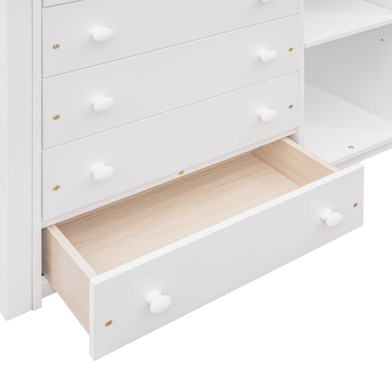 DreamHaus bunk bed with six drawers, flexible shelves, and a bottom bed on wheels, ideal for space-saving bedroom storage.