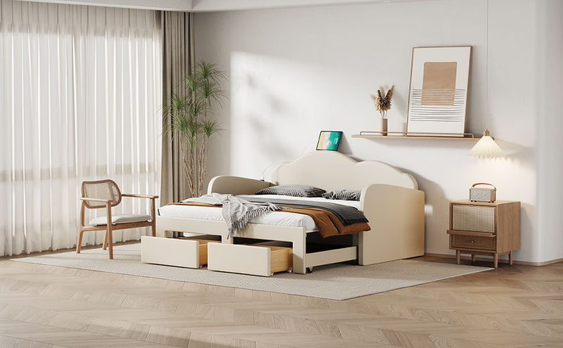Upholstered Daybed With Cloud-Shaped Backrest, Trundle & 2 Drawers And USB Ports - R&R Furniture Gallery (Fountain Valley, CA)