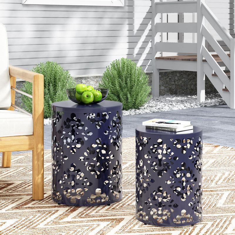 Set of two navy blue modern iron end tables with cutout design, sleek and stylish by Noble House.