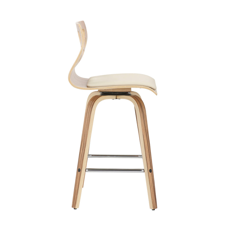 Lumi Source Folia mid-century modern counter stool set with footrests, showcasing sleek wooden seats and metal legs.