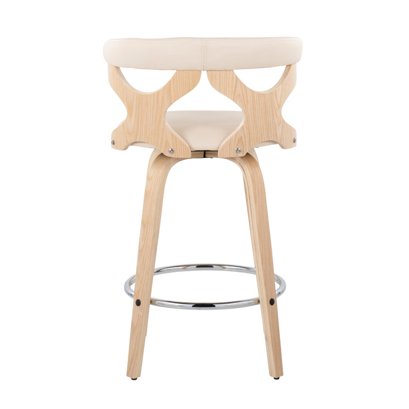 Lumi Source Gardenia mid-century modern counter stool set with swivel, featuring sleek design and wooden legs.
