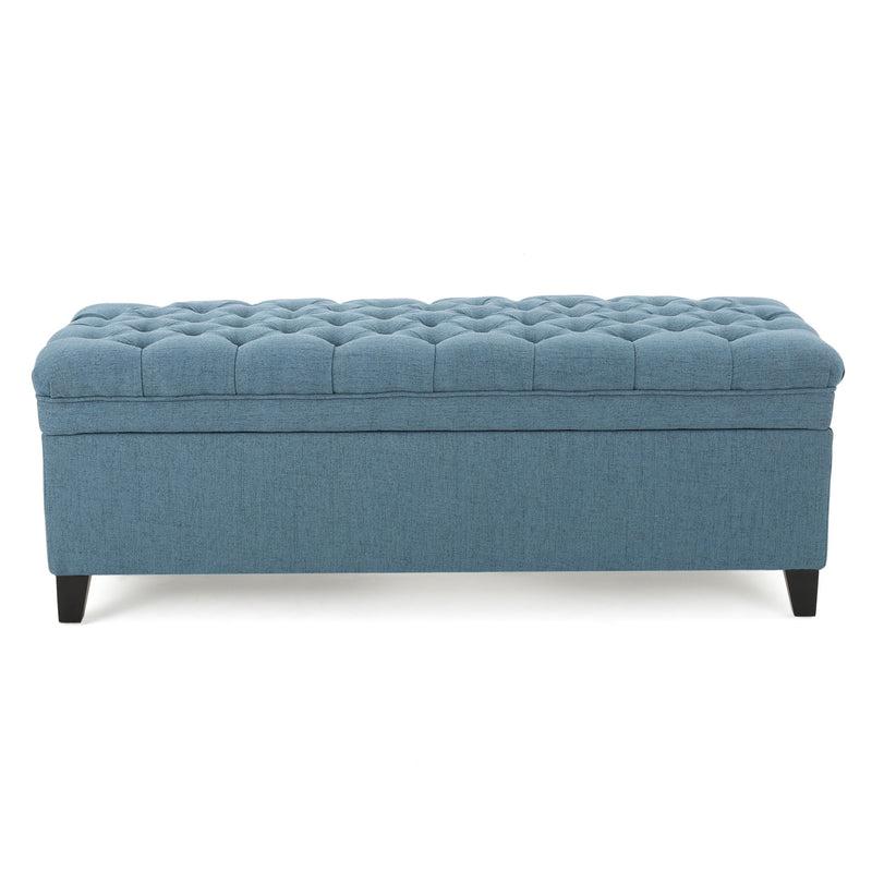 Noble House Juliana storage ottoman with beige upholstered top and birch wood legs, providing stylish storage and seating.