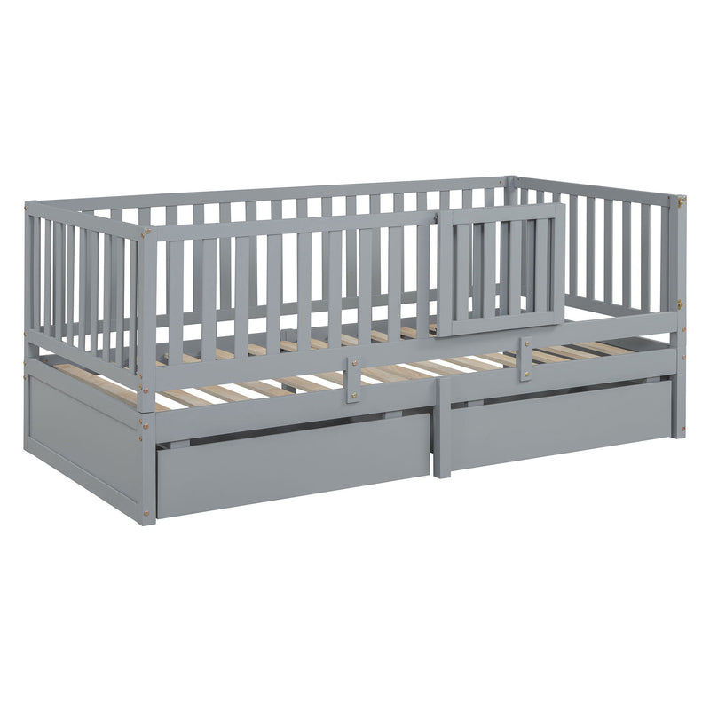 DreamHaus storage daybed with fence guardrails, 2 drawers, split into independent floor bed and daybed, ideal for versatile bedroom use