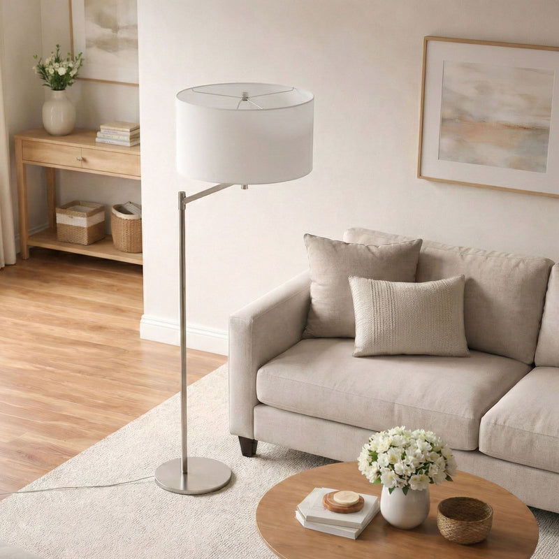 Horizon - Table Lamp With On / Off Switch Curved Base Linen Shade - Brushed Nickel / Silver / White - R&R Furniture Gallery (Fountain Valley, CA)