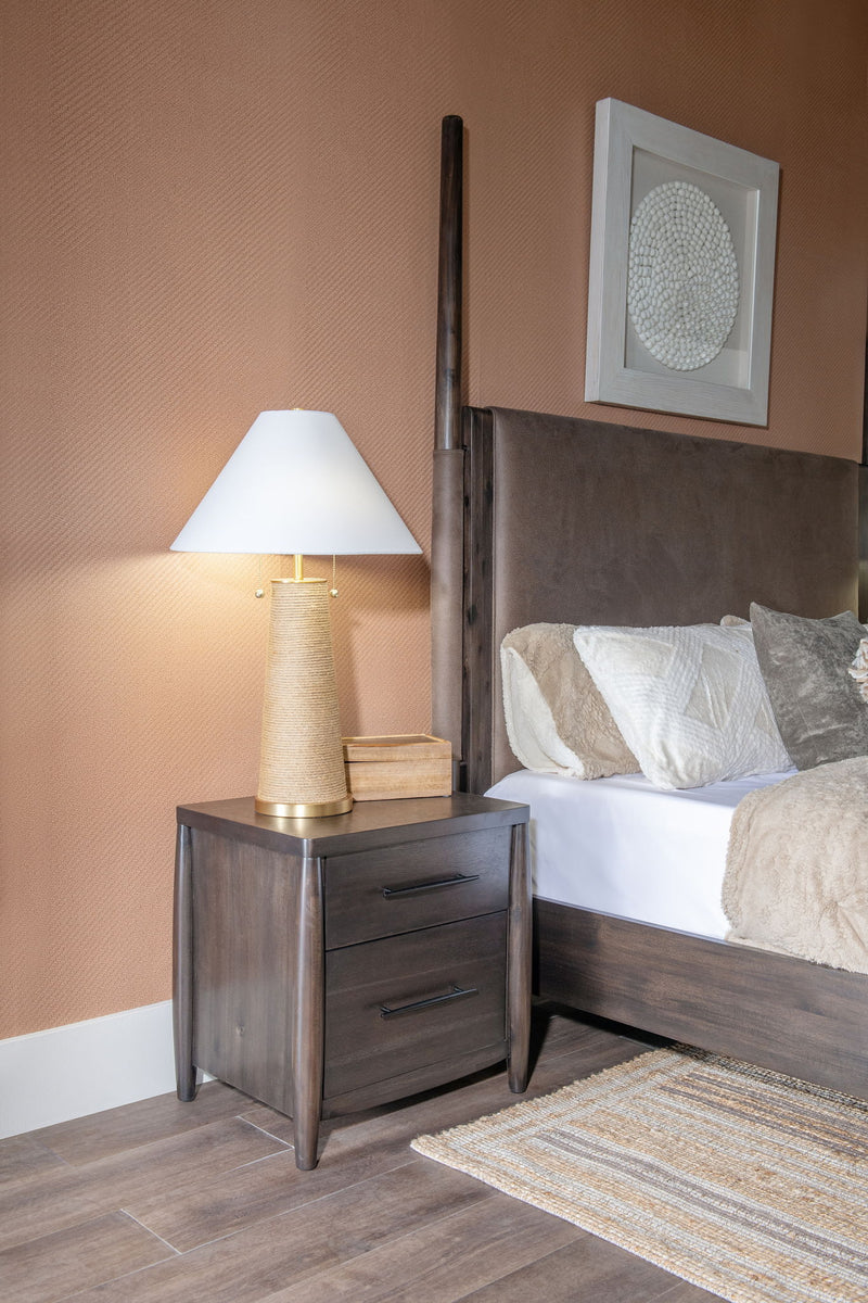 Modus Koko two-drawer nightstand with cord management in Minx finish, showing sleek wooden surface and modern design.