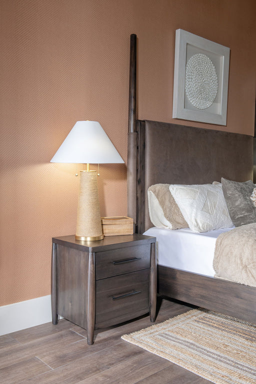 Modus Koko two-drawer nightstand with cord management in Minx finish, showing sleek wooden surface and modern design.