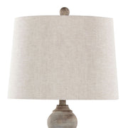 Pair of Lumi Source Winston farmhouse poly table lamps with neutral fabric shades and wooden bases, set of two for home decor.