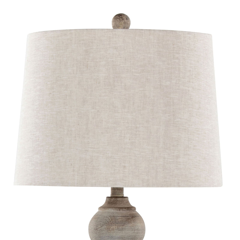 Pair of Lumi Source Winston farmhouse poly table lamps with neutral fabric shades and wooden bases, set of two for home decor.