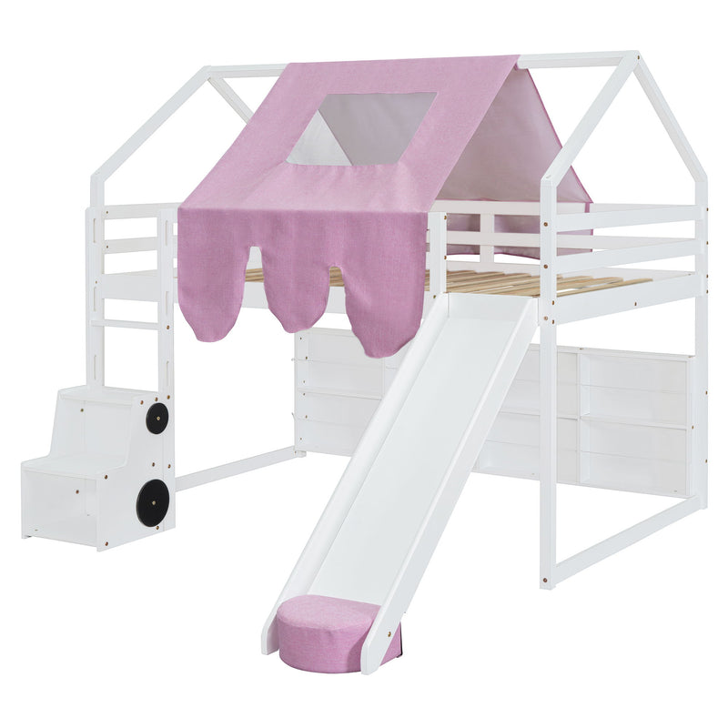 DreamHaus loft bed with house-shaped frame and attached tent, featuring a cozy play area and sturdy wooden construction.