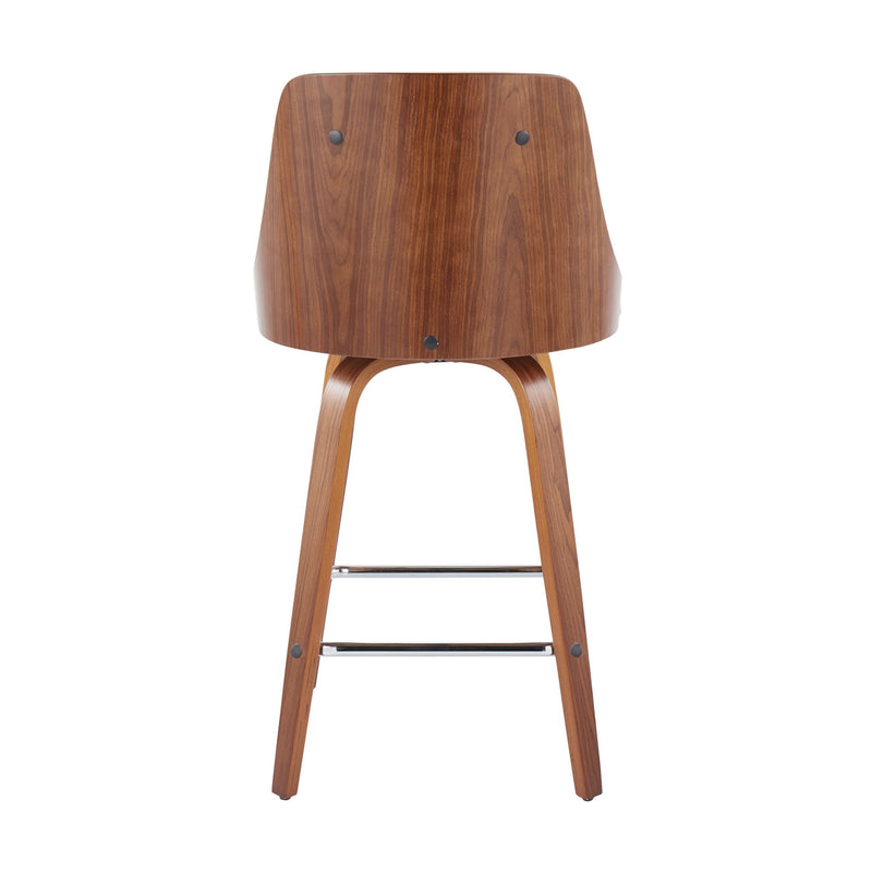 Lumi Source Gianna mid-century modern counter stool set with swivel, square footrest, and fixed height, shown in a stylish interior setting.