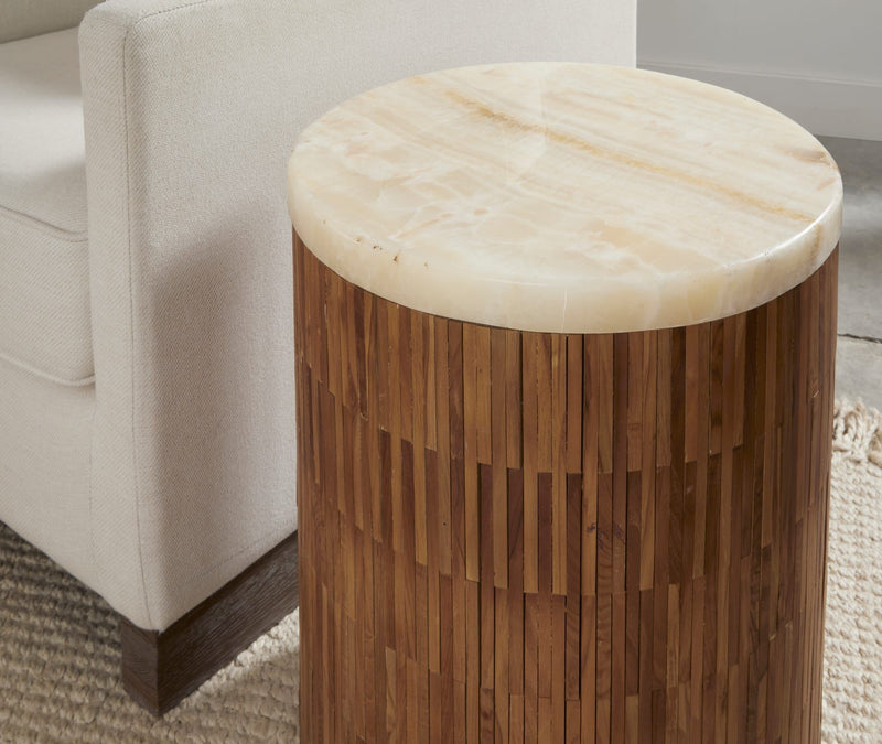 One Stone Wood Tile Round End Table in Onyx and Solid Teak