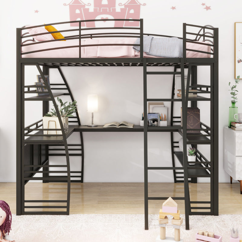Loft Bed With 4 Layers Of Shelves And L-Shaped Desk, Stylish Metal Frame Bed With A Set Of Sockets, USB Ports And And Wireless Charging - R&R Furniture Gallery (Fountain Valley, CA)