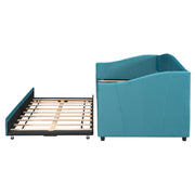 DreamHaus upholstered daybed sofa bed with trundle and wood slat frame, showcasing its plush fabric and versatile design.