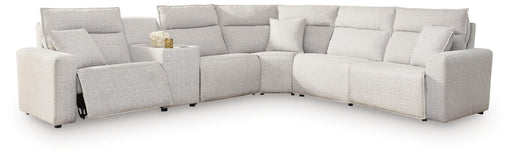 Signature Design by Ashley Modmax II reclining sectional in stone fabric, showing plush cushions and reclining seats in a modern living room setting.