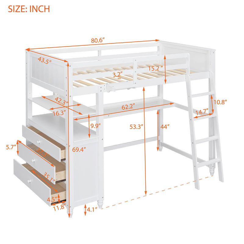 DreamHaus loft bed with built-in drawers, desk, and shelves, showcasing a modern space-saving design for kids or teens.