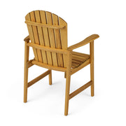 Set of two Noble House outdoor weather-resistant Acacia wood Adirondack dining chairs on patio with armrests and slatted design.