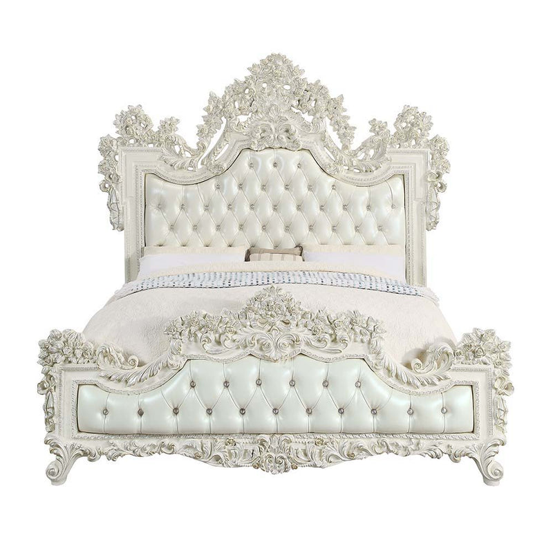 Adara - Eastern King Bed - Pearl White Synthetic Leather & Antique White - R&R Furniture Gallery (Fountain Valley, CA)