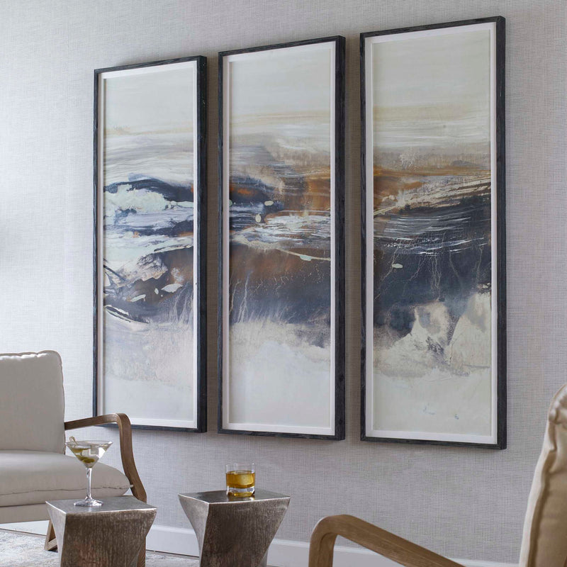 Set of three graphite horizon framed canvas art prints with pearl silver accents by Uttermost, perfect for modern wall decor.