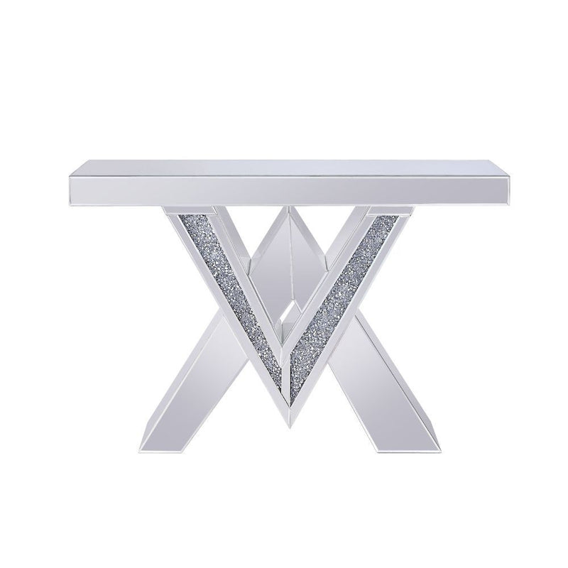 Noralie - Console Table, "V" Shape Pedestal - Mirrored & Faux Diamonds - R&R Furniture Gallery (Fountain Valley, CA)
