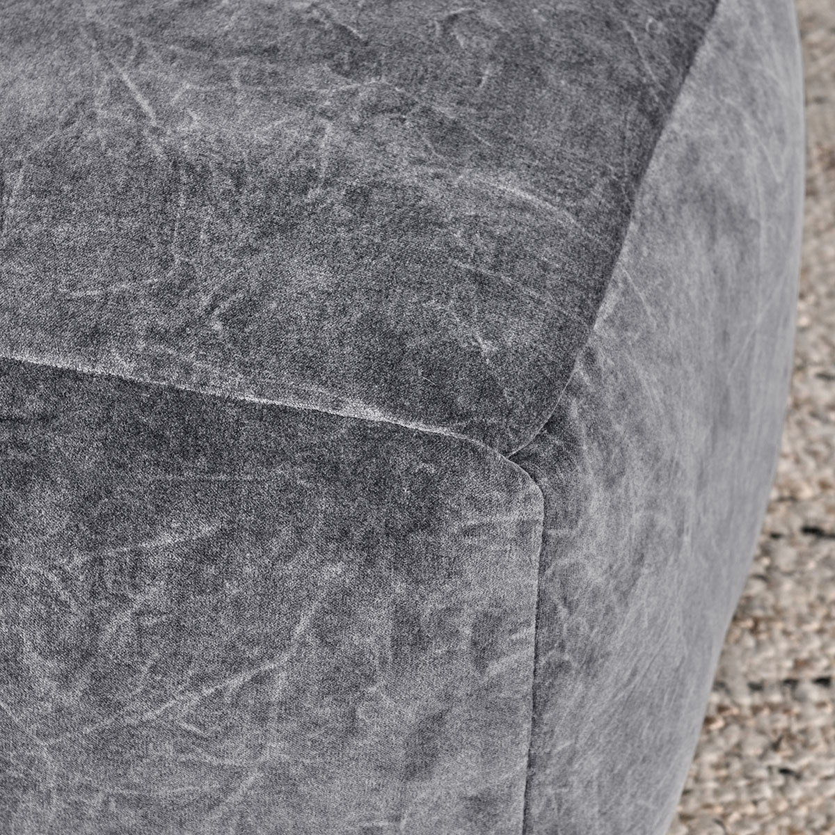 Villa Heirloom velvet pouf in a rich fabric finish, shown as a compact accent seat for living spaces