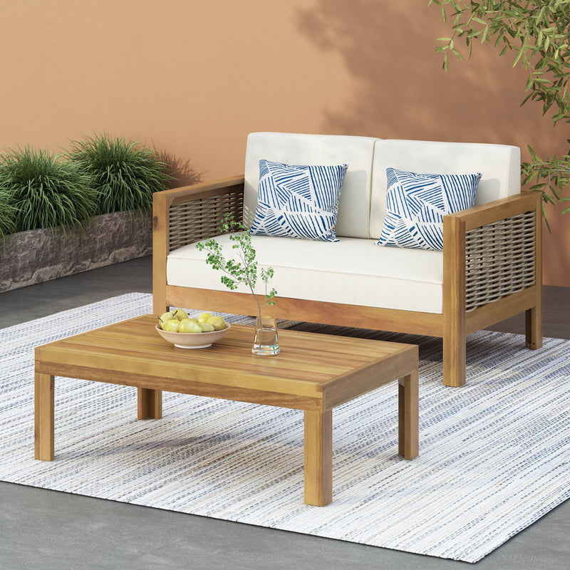 Noble House outdoor patio set with teak loveseat and coffee table, beige cushions, ideal for outdoor seating and relaxation