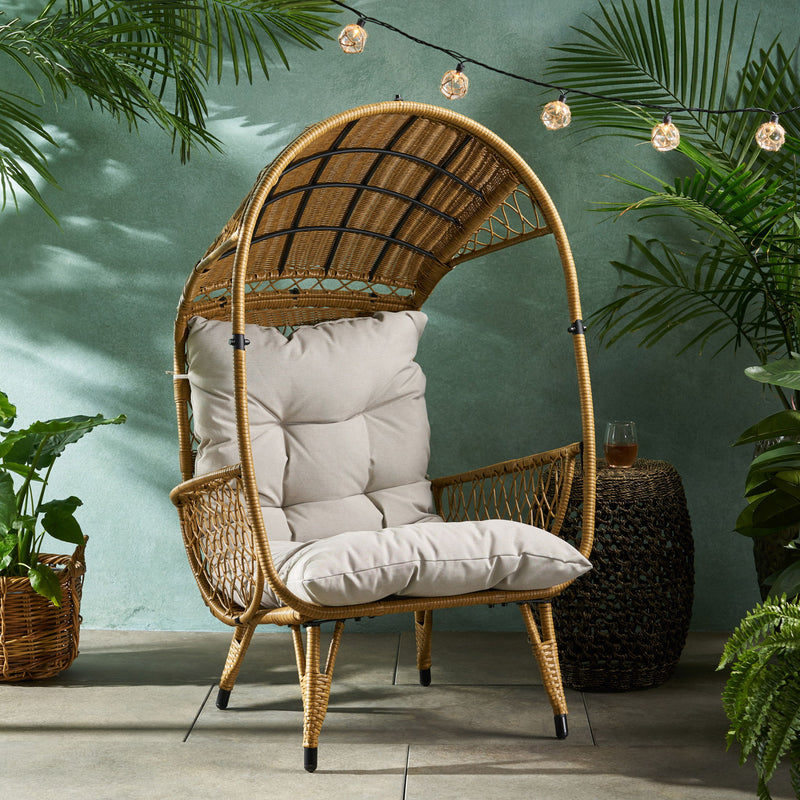 Noble House outdoor wicker standing basket chair with cushion, accent furniture for patio or garden relaxing space