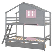 DreamHaus bunk bed with playhouse roof, window, and safety rail, ideal for kids' bedrooms and space-saving sleeping solutions.