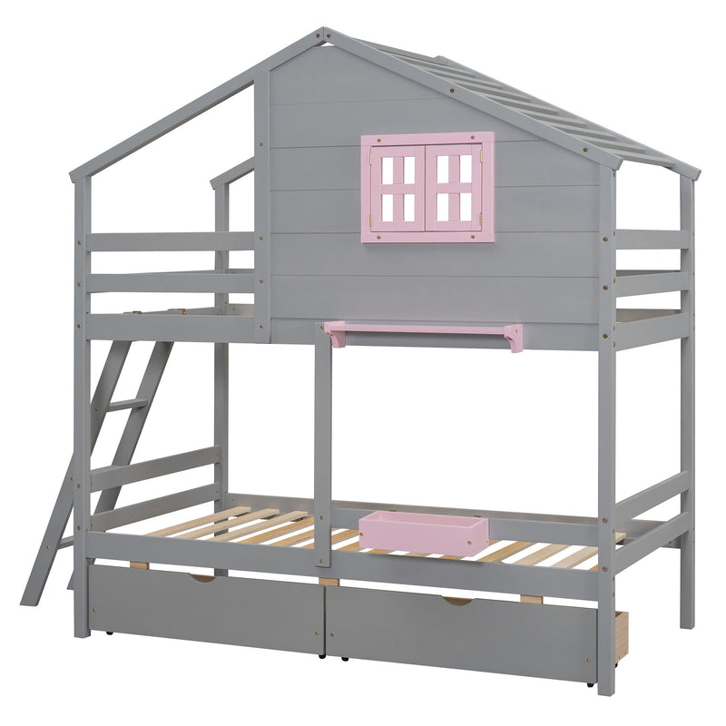 DreamHaus bunk bed with playhouse roof, window, and safety rail, ideal for kids' bedrooms and space-saving sleeping solutions.