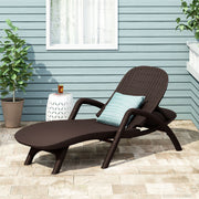 Dark brown polypropylene resin chaise lounge from Noble House with handcrafted details, designed for outdoor relaxation.