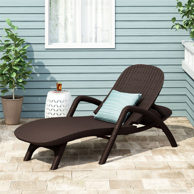 Dark brown polypropylene resin chaise lounge from Noble House with handcrafted details, designed for outdoor relaxation.