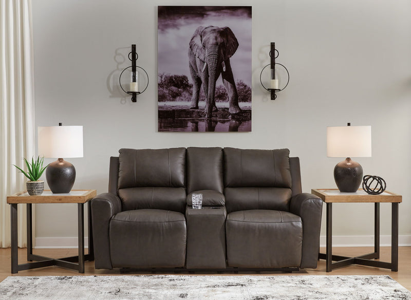 Boxmere - Dbl Power Reclining Loveseat with Console - Storm - R&R Furniture Gallery (Fountain Valley, CA)