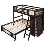 DreamHaus bunk bed with six drawers, flexible shelves, and a bottom bed on wheels, showcasing versatile storage and mobility features.