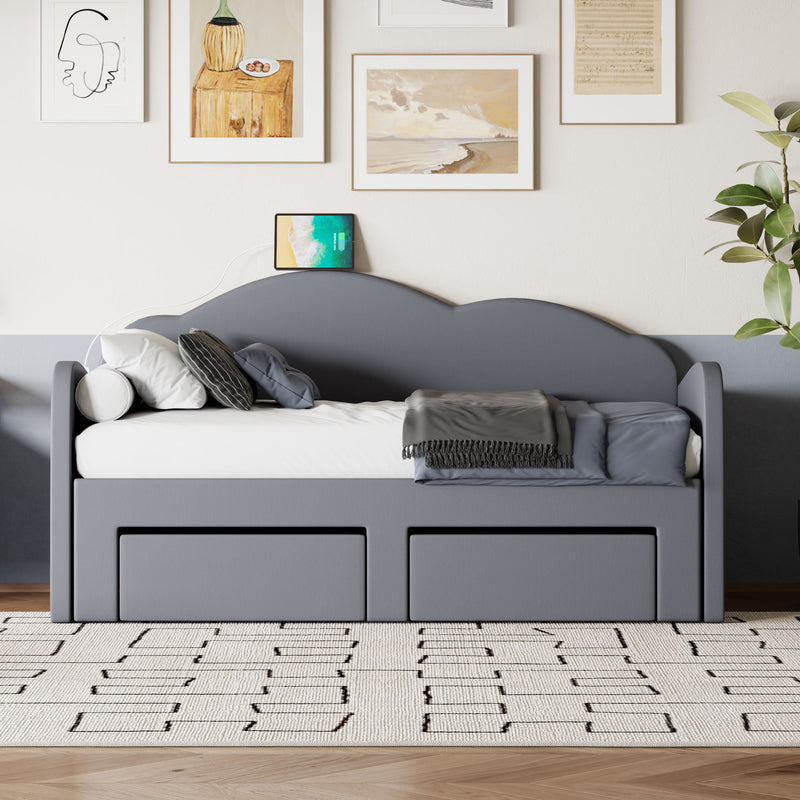 Upholstered Daybed With Cloud-Shaped Backrest, Trundle & 2 Drawers And USB Ports - R&R Furniture Gallery (Fountain Valley, CA)
