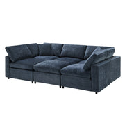 Modern Luxe & Co. modular cloud sofa bed with six seats, sectional design, ottoman, and U-shaped sleeper for living room comfort.