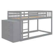 DreamHaus bunk bed with built-in four drawers and three shelves, showcasing a modern wooden design with safety rails.