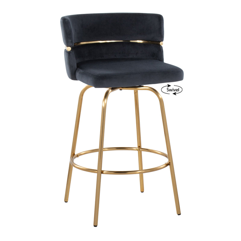 Lumi Source Cinch Glam Art Deco fixed height counter stool set with swivel, round footrest, black upholstery, and sleek design.
