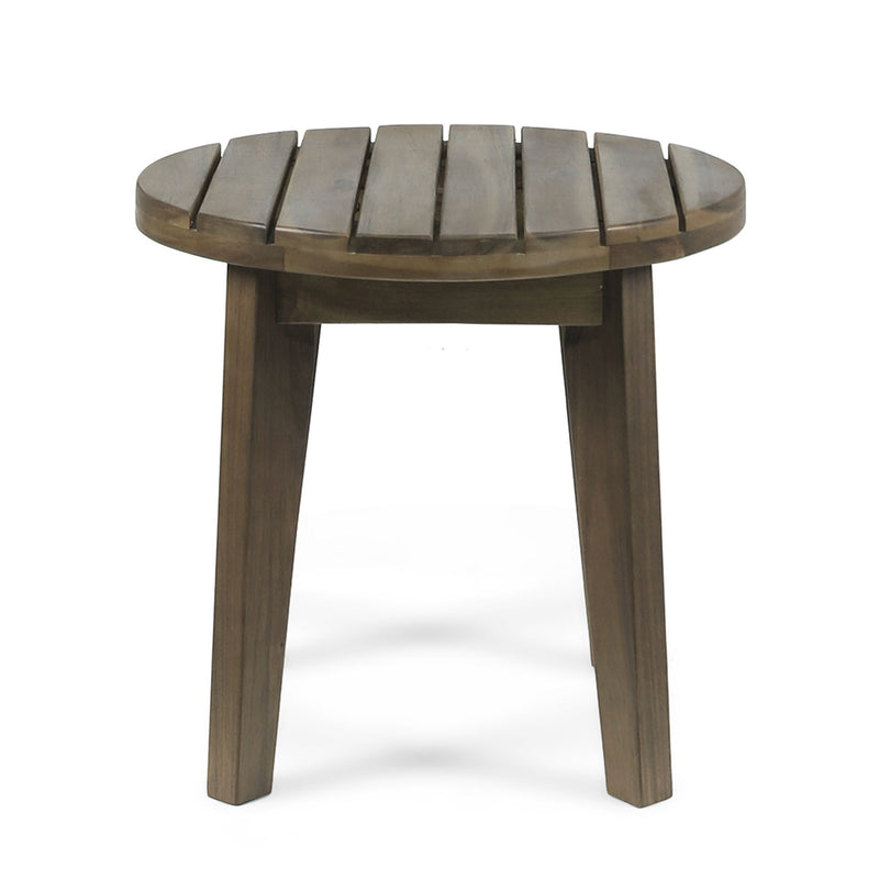 Noble House outdoor acacia wood side table with weather-resistant finish, featuring a sturdy square design and natural wood grain.