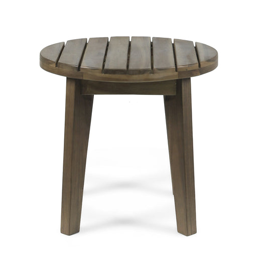 Noble House outdoor acacia wood side table with weather-resistant finish, featuring a sturdy square design and natural wood grain.