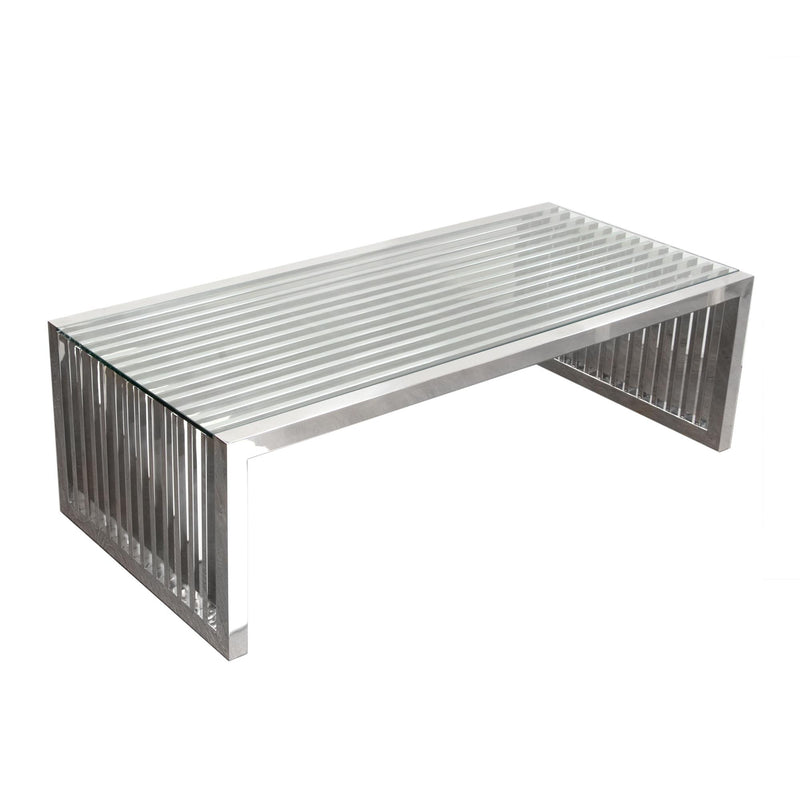 SOHO Rectangular Stainless Steel Cocktail Table w/ Clear, Tempered Glass Top by Diamond Sofa - R&R Furniture Gallery (Fountain Valley, CA)