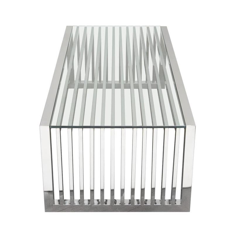 SOHO Rectangular Stainless Steel Cocktail Table w/ Clear, Tempered Glass Top by Diamond Sofa - R&R Furniture Gallery (Fountain Valley, CA)