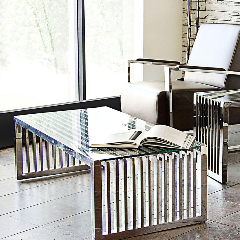 SOHO Rectangular Stainless Steel Cocktail Table w/ Clear, Tempered Glass Top by Diamond Sofa - R&R Furniture Gallery (Fountain Valley, CA)