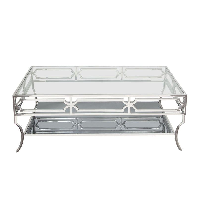 Avalon Cocktail Table with Clear Glass Top, Mirrored Shelf & Stainless Steel Frame by Diamond Sofa - R&R Furniture Gallery (Fountain Valley, CA)