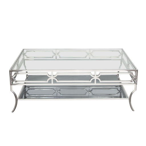Avalon Cocktail Table with Clear Glass Top, Mirrored Shelf & Stainless Steel Frame by Diamond Sofa - R&R Furniture Gallery (Fountain Valley, CA)