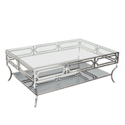 Avalon Cocktail Table with Clear Glass Top, Mirrored Shelf & Stainless Steel Frame by Diamond Sofa - R&R Furniture Gallery (Fountain Valley, CA)