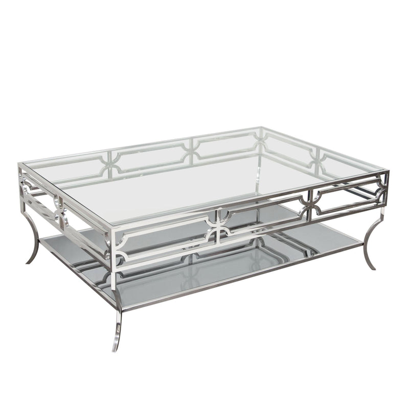 Avalon Cocktail Table with Clear Glass Top, Mirrored Shelf & Stainless Steel Frame by Diamond Sofa - R&R Furniture Gallery (Fountain Valley, CA)