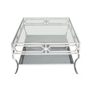 Avalon Cocktail Table with Clear Glass Top, Mirrored Shelf & Stainless Steel Frame by Diamond Sofa - R&R Furniture Gallery (Fountain Valley, CA)