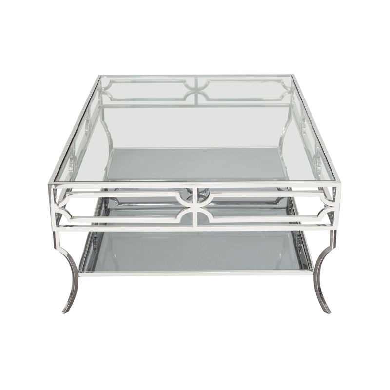 Avalon Cocktail Table with Clear Glass Top, Mirrored Shelf & Stainless Steel Frame by Diamond Sofa - R&R Furniture Gallery (Fountain Valley, CA)