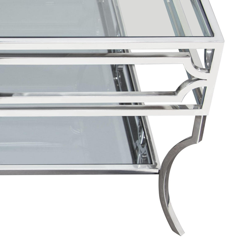 Avalon Cocktail Table with Clear Glass Top, Mirrored Shelf & Stainless Steel Frame by Diamond Sofa - R&R Furniture Gallery (Fountain Valley, CA)